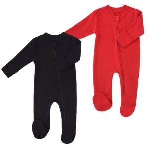 hahanice baby 2 way zipper girls boys 100% cotton footed sleep and play with mitten cuffs black&red 3 months