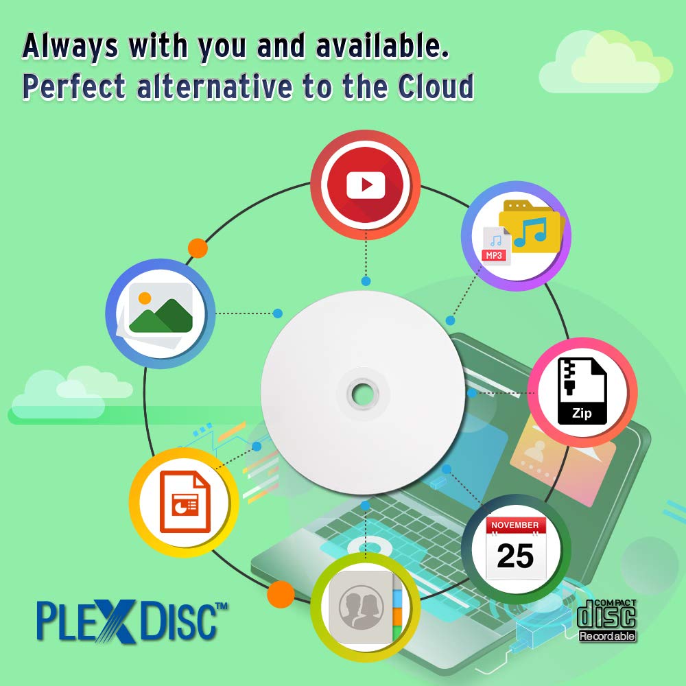 PlexDisc 95252 CD-R 700MB 52X White Inkjet Hub Printable - 100pk Spindle Frustration Free Packaging, 100 Discs