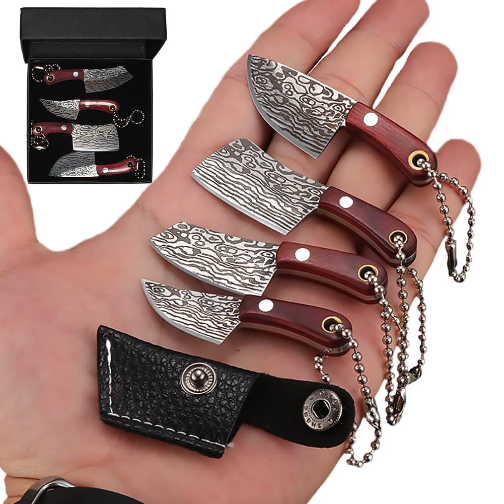 ZOFTBIGK Damascus Pocket Knife Set Mini Knife Set,Mini Knife with Sheath Mini Chef Knife Tiny knife set for Package Opener Box Cutter-4 pieces set(Damascus).