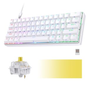 kemove snowfox dk61 60% wireless mechanical gaming keyboard, 2.4g/type-c/bluetooth keyboard, hot swappable rgb backlit 61 keys, anti ghosting/n-key rollover 3000mah battery, yellow switch/white