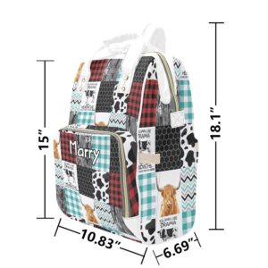 XOZOTY Highland Cow Patchwork White Diaper Bags with Name Waterproof Mummy Backpack Nappy Nursing Baby Bags Gifts Tote Bag for Women