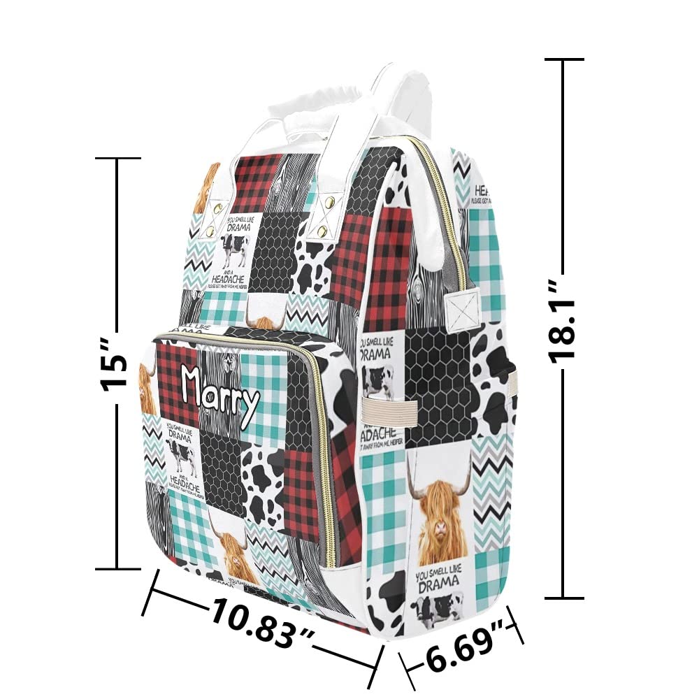 XOZOTY Highland Cow Patchwork White Diaper Bags with Name Waterproof Mummy Backpack Nappy Nursing Baby Bags Gifts Tote Bag for Women