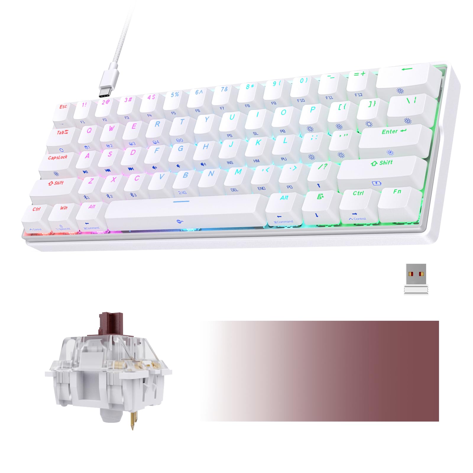 KEMOVE Snowfox DK61 60% Wireless Mechanical Gaming Keyboard, 2.4G/Type-C/Bluetooth, Hot Swappable RGB Backlit 61 Keys, Anti Ghosting/N-Key Rollover 3000mAH Battery, Brown Switch/White