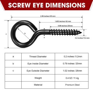 PAMAZY 16pcs Screw Eyes, 2.56 Inch Black Eye Hooks Screw Self Tapping Eye, Heavy Duty Eye Bolt for Wood Securing Cables Wire, Hammock Stand, Indoor & Outdoor Use