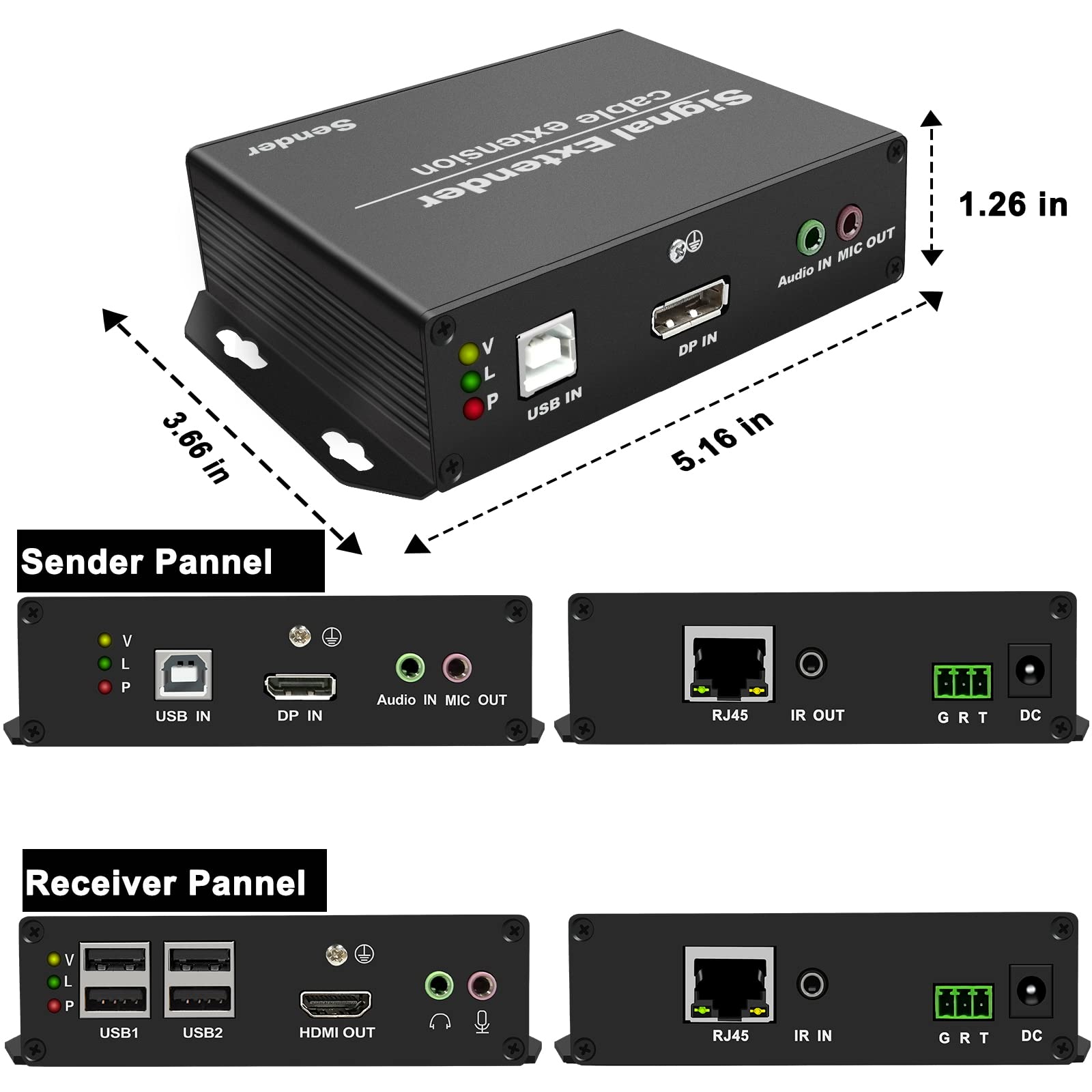 4K DP to HDMI KVM Extender Over Cat5e/6/7 up to 394ft, LornCeng DisplayPort to HDMI Ethernet Extension Over IP Zero Latency Support 3D 4K@30Hz, HDMI 1.4, EDID Pass-Through, IR, RS232, 4Port USB2.0