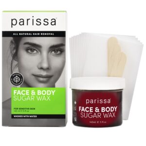 Parissa Face & Body Sugar Wax for Sensitive Skin, 100% Natural Hair Removal, At-Home Waxing Kit - 140ml Chamomile Sugar Wax, 20 Epilation Strips, 3 Wooden Spatulas, 5 Fl Oz (Pack of 1)