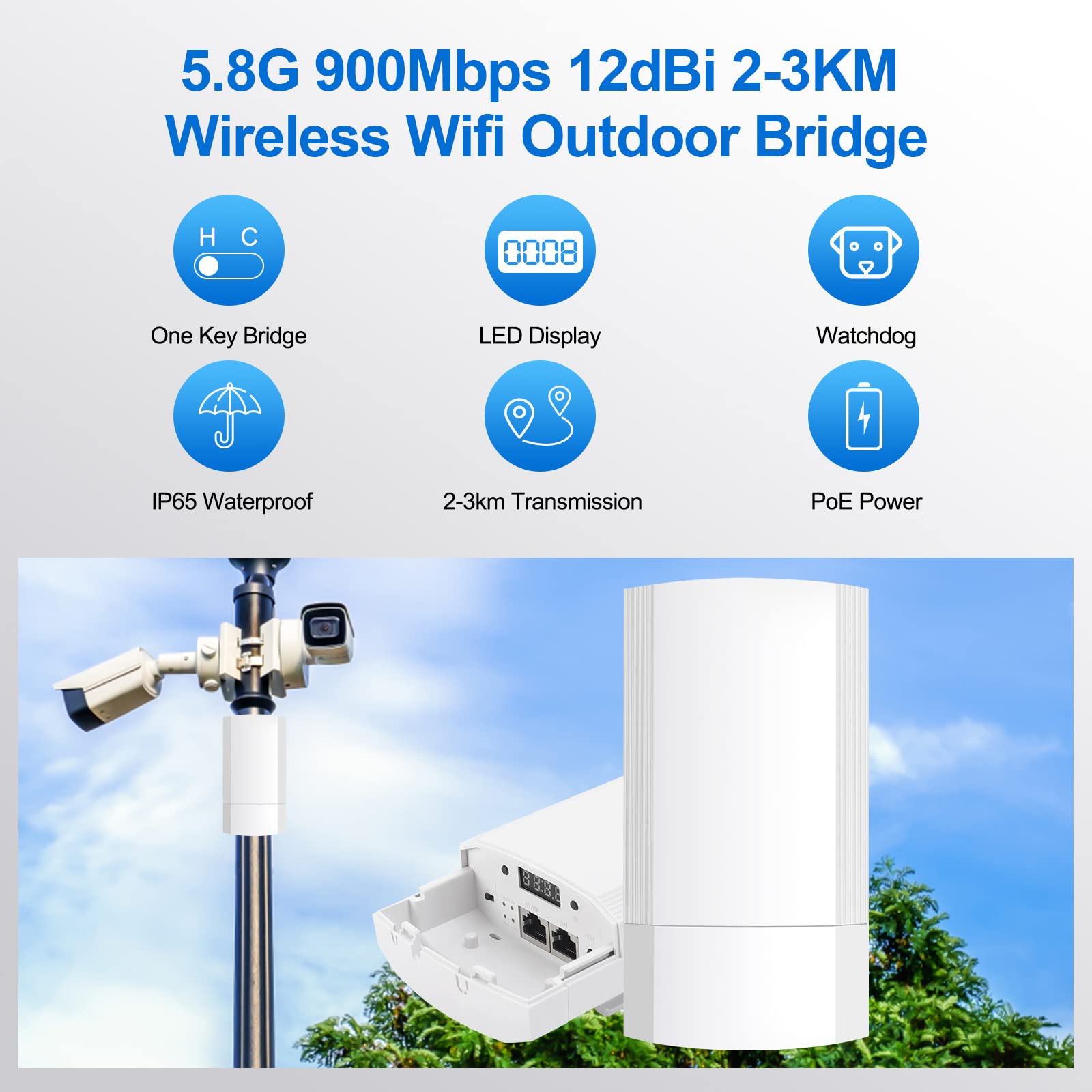 Fretech Wireless Bridge Set 900Mpbs 5.8G WiFi Outdoor CPE Point to Point Long Range up to 2-3KM CPE200 with 12dBi High-Gain Antenna，24V PoE Power, IP65 Waterproof,2-Pack, White