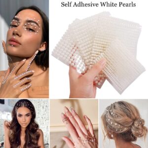 8 Sheets 4100 PCS White Pearl Rhinestone Stickers,3D Self Adhesive Face Gems Stick on Hair Eyes Face Body Makeup Flat Pearl Eyeshadow Sticker Tattoo Gem Women Nail Art Decoration DIY Craft Rhinestones