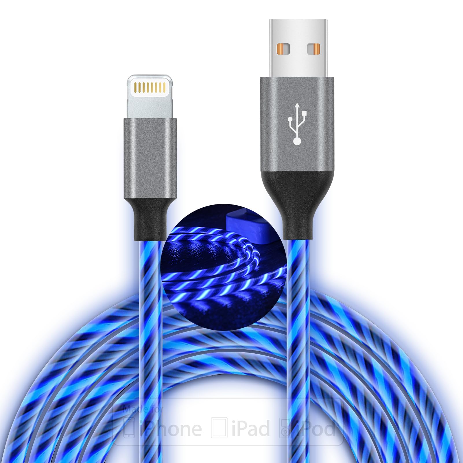 LED iPhone Charger Cord Light Up Lightning Cable | MFi Certified Apple Charger | Cool USB Fast Charging for iPhone 14 13 12 11 Pro Max XR X SE 8 Plus, iPad iPod and More (Blue, 3ft)