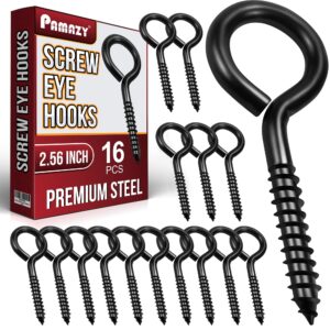 pamazy 16pcs screw eyes, 2.56 inch black eye hooks screw self tapping eye, heavy duty eye bolt for wood securing cables wire, hammock stand, indoor & outdoor use