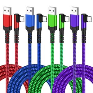 usb c cable 10ft, agtray 4-pack long braided usb a to usb c 90 degree plug type c right angle fast charging cord compatible for samsung galaxy s23 s22 s21 s20 note20, pixel 7 6 (red blue purple green)