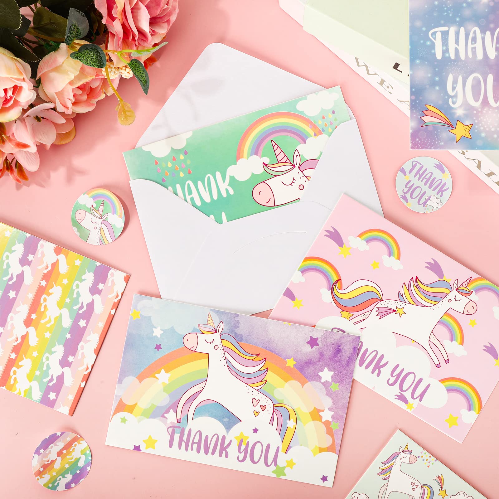 AnyDesign Thank You Cards 30 Pack Rainbow Note Cards with Matching Seal Stickers Envelopes Cartoon Greeting Blank Cards for Baby Shower Wedding Birthday Party Supplies, 4 x 6 Inch