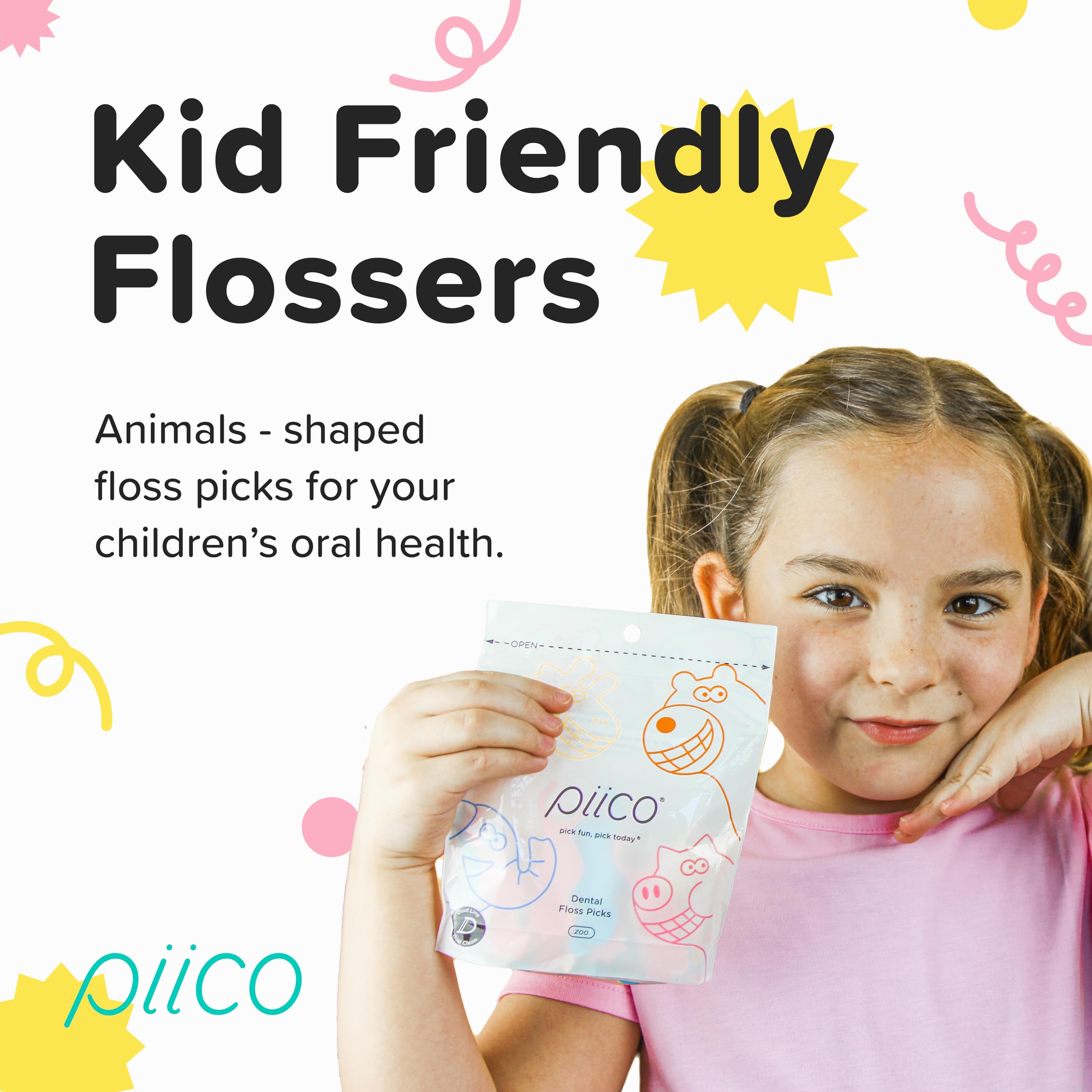 Piico Unflavored Kids Floss - No Fluoride Dual Line Dental Floss Picks - Fun Oral Care in Colorful Floss Sticks Design - Kids Flossers Prevent Tooth Decay & Gum Disease - 240 Count Zoo & Travel Case