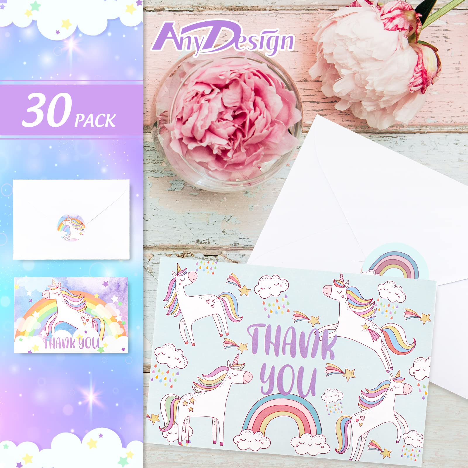 AnyDesign Thank You Cards 30 Pack Rainbow Note Cards with Matching Seal Stickers Envelopes Cartoon Greeting Blank Cards for Baby Shower Wedding Birthday Party Supplies, 4 x 6 Inch