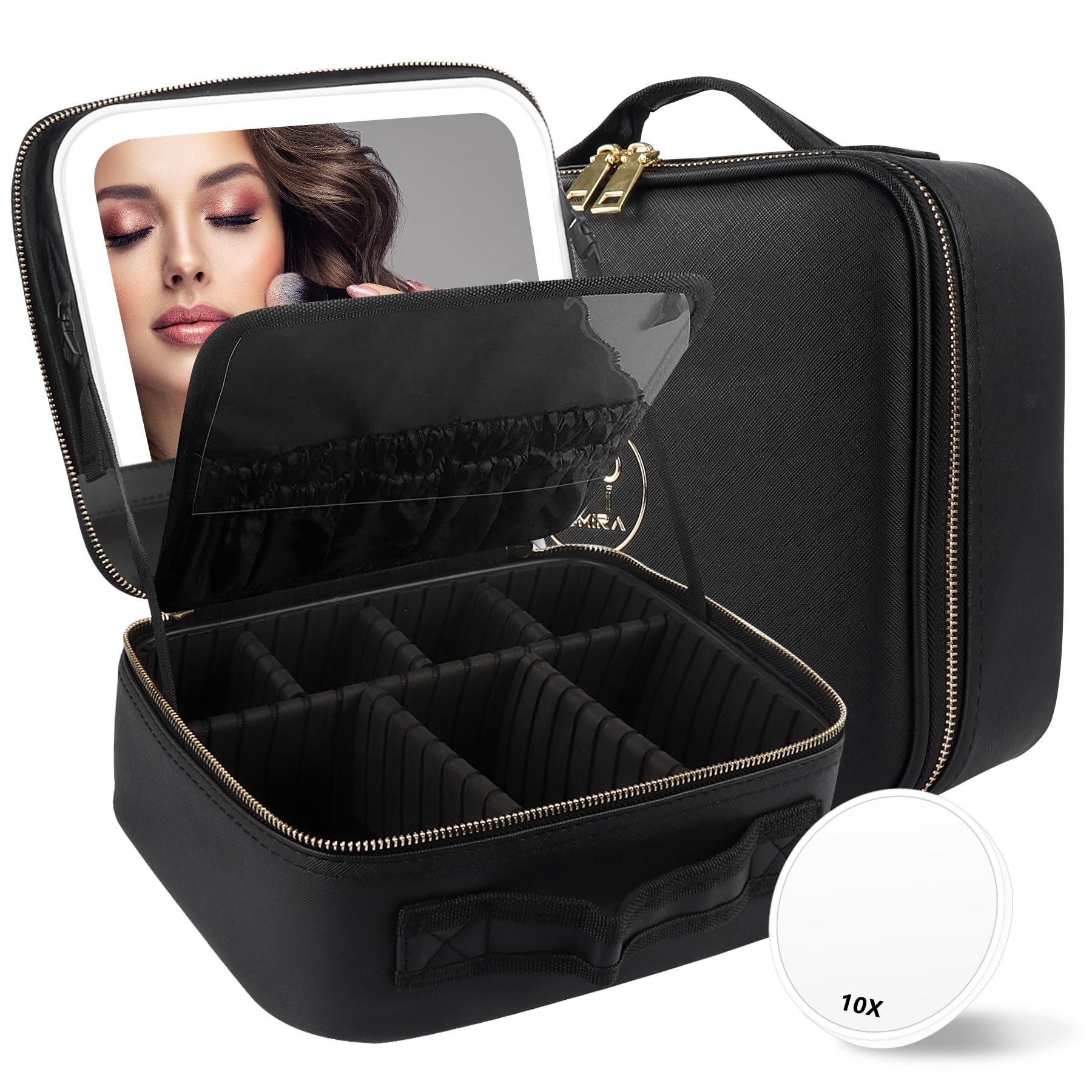 MOMIRA Travel Makeup Bag Cosmetic Bag with Lighted Mirror, Adjustable Brightness in 3 Color Scenarios, Waterproof, 10x Magnifying Mirror, Rotatable Independent Light Mirror- Black(Solid)