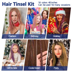 16 Colors Hair Tinsel Kit, ELASO 48 Inches 3300 Strands Tinsel Hair Extensions, Fairy Hair Tinsel for Christmas Halloween Cosplay Party, Highlights Sparkling Glitter Hair