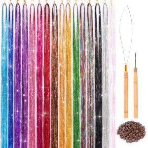 16 colors hair tinsel kit, elaso 48 inches 3300 strands tinsel hair extensions, fairy hair tinsel for christmas halloween cosplay party, highlights sparkling glitter hair