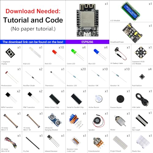 Freenove Super Starter Kit for ESP8266 (Included) (Compatible with Arduino IDE), ESP-12S Onboard Wi-Fi, MicroPython C Code, 496-Page Detailed Tutorial, 173 Items, 77 Projects