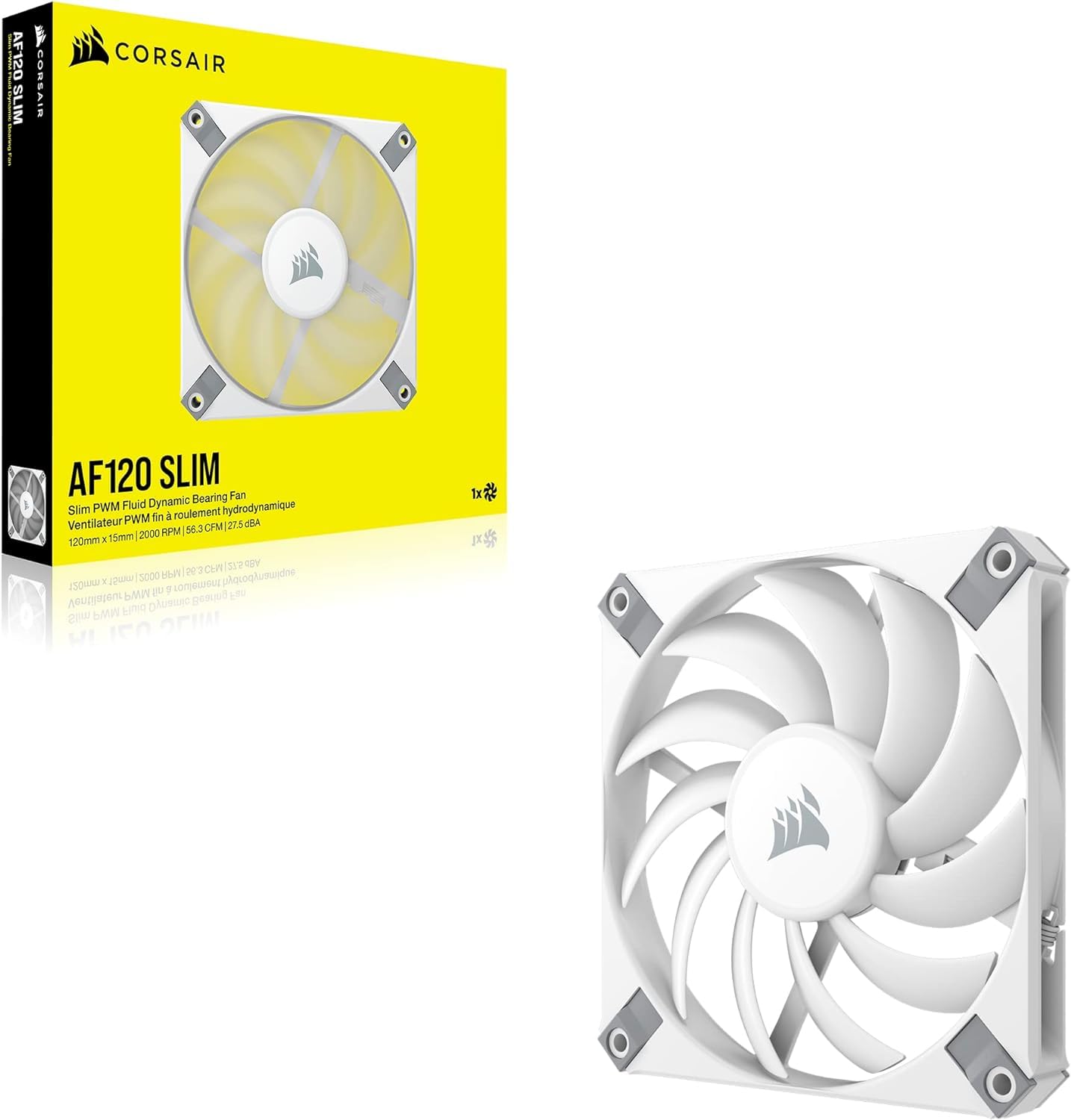 Corsair AF120 Slim, 120mm PWM Fluid Dynamic Bearing Fan (Thin Profile for Small-Form-Factor Cases, Low-Noise, Up to 2000 RPM, Zero RPM Mode Support, Universal 120x15mm Sizing) Single Pack, White