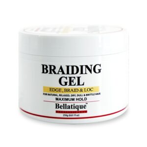 bellatique professional braiding gel maximum hold gel for all hair types (8.81 oz) - no flaking, no whitening, fast drying, high shine, lasts up to 48 hrs