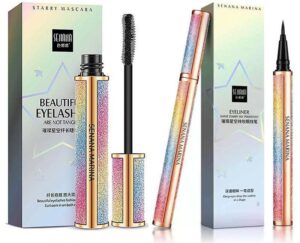 4d silk fiber lash mascara, senana marina eyeliner & mascara set - black liquid eyeliner pencil/waterproof mascara - sky high mascara black volume and length lengthening no clumping