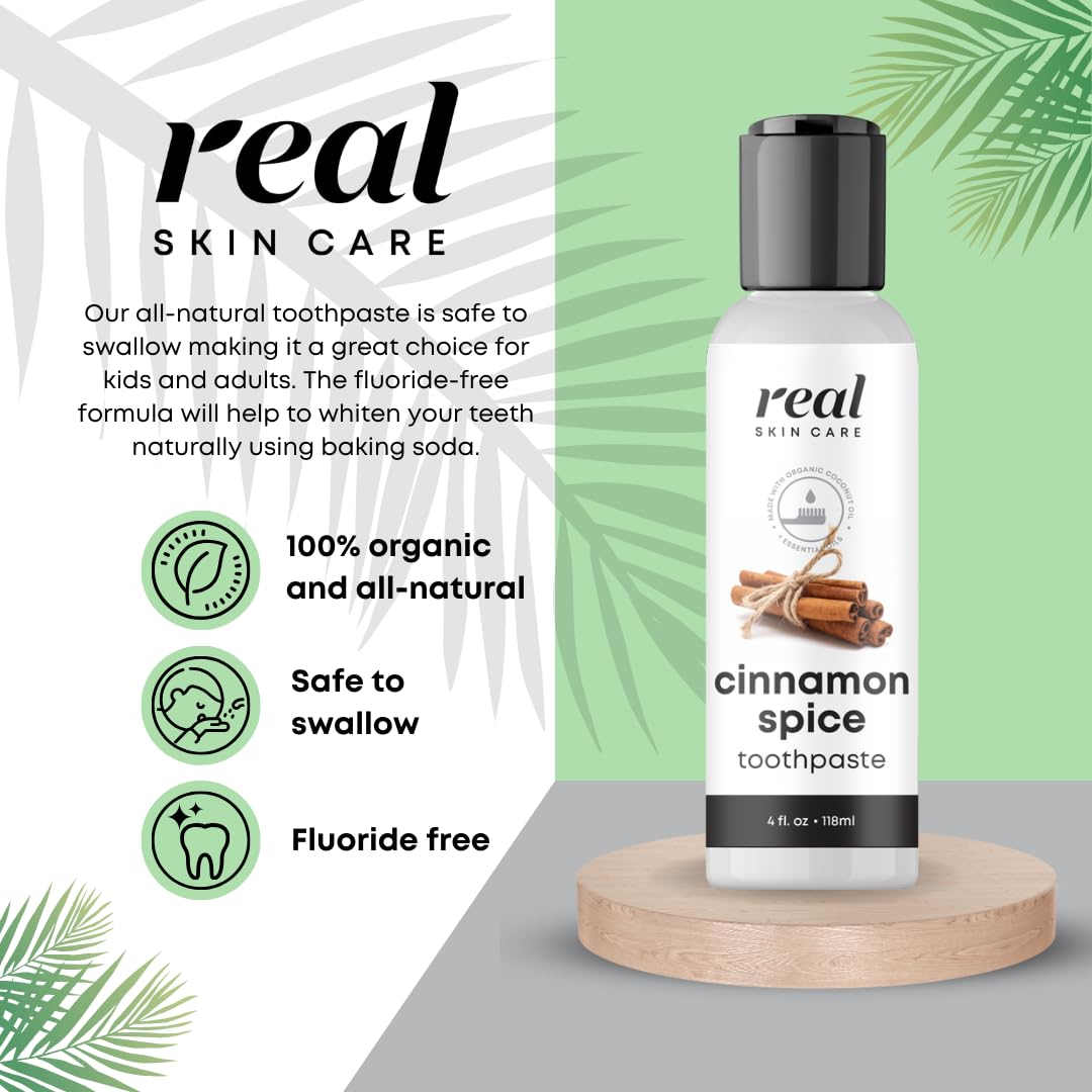 Real Skin Care Coconut Toothpaste | Handmade in The USA | Cinnamon Spice | All Natural Organic Fluoride Free Toothpaste for Healthy Smiles | Flavored Toothpaste for Adults & Kids with Essential Oils