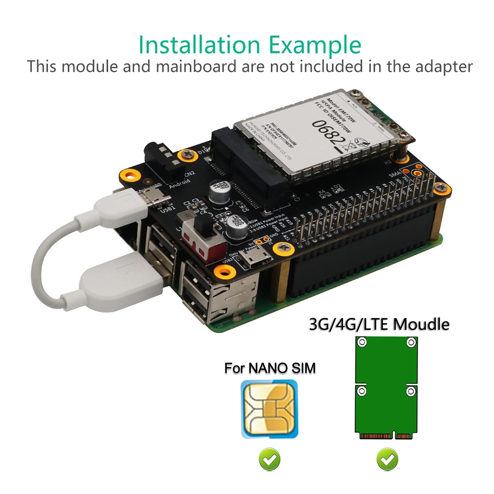 3G 4G LTE Base Hat Module, PC Computer Board to Micro USB with SIM Card, Support 3Amps, Mini PCI E Socket, for Raspberry Pi 4 3 2