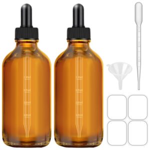 2 pack 4 oz amber dropper bottles, tincture bottles with dropper, glass serum bottle with dropper for essential oils with funnel, labels & pipette(unbreakable plastic eye dropper)