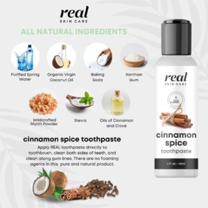 Real Skin Care Coconut Toothpaste | Handmade in The USA | Cinnamon Spice | All Natural Organic Fluoride Free Toothpaste for Healthy Smiles | Flavored Toothpaste for Adults & Kids with Essential Oils