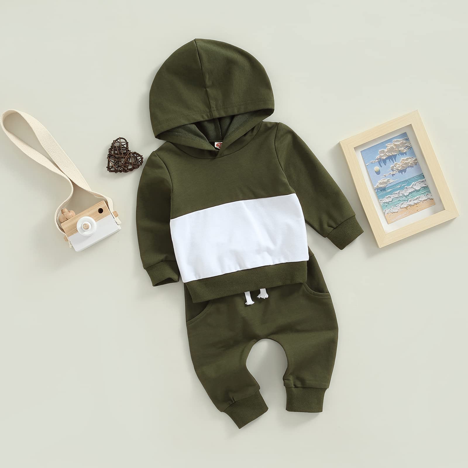 Karesoull Toddler Boy Clothes Patchwork Sweatshirts Long Sleeve Tops Solid Pants Outfit Fall Winter Baby Boy Hooded Clothe Set