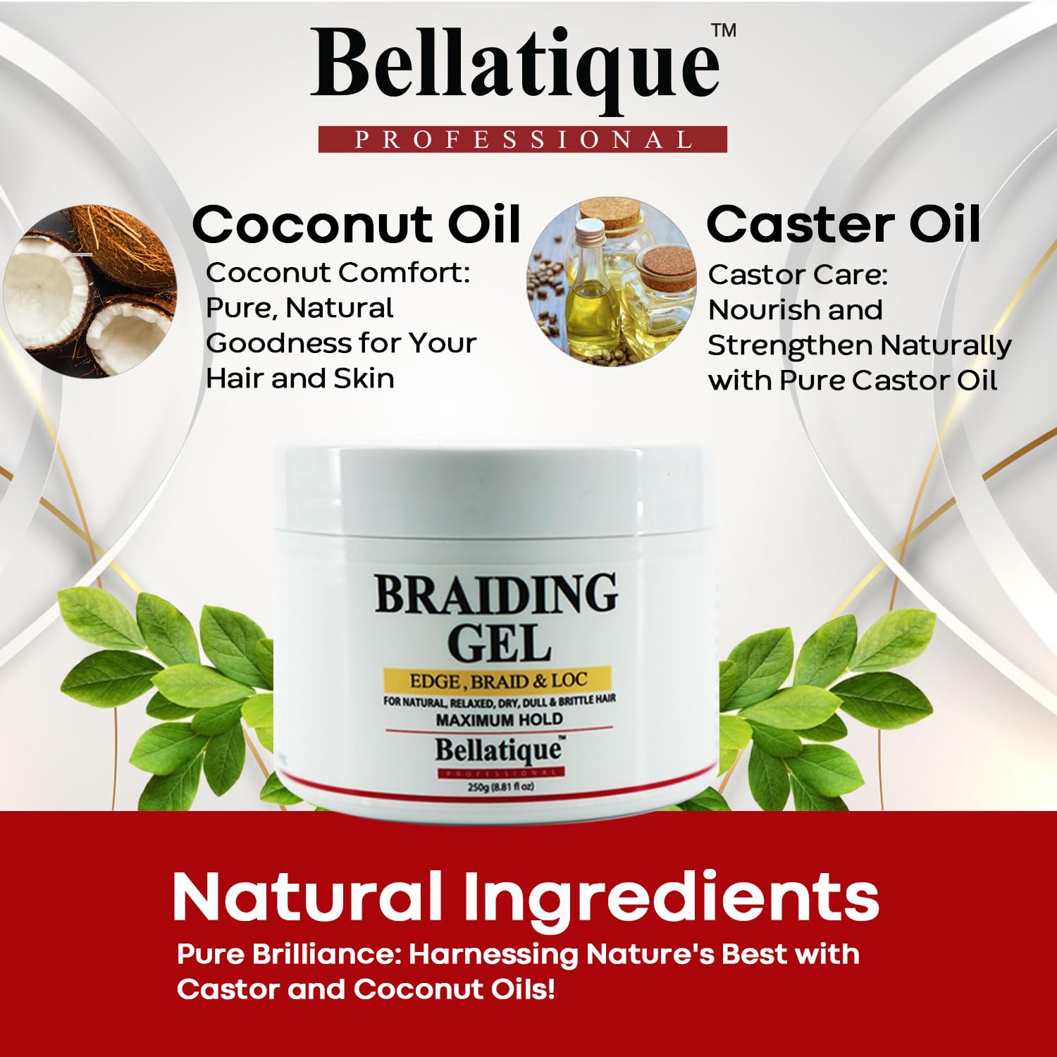 BELLATIQUE Professional Braiding Gel Maximum Hold Gel for All Hair Types (8.81 Oz) - No Flaking, No Whitening, Fast Drying, High Shine, Lasts Up to 48 Hrs