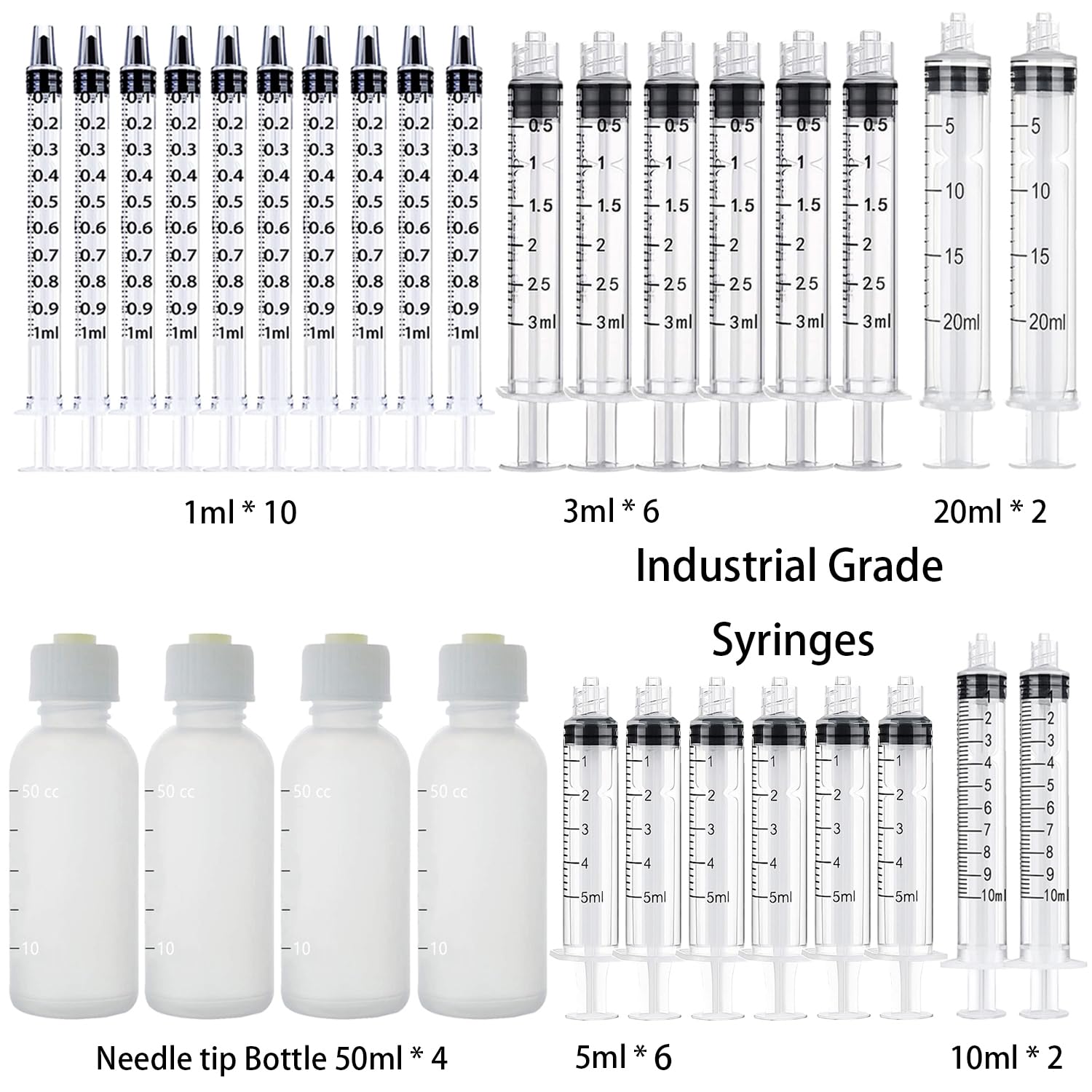 30 Pack 1ml, 3ml, 5ml, 10ml, 20ml, Dispenser and 50ml Glue Bottle. 14ga, 16ga, 18ga, 20ga, 22ga Dispensing head and Caps. Measuring Liquids and Refilling. Glue Applicator or Oil