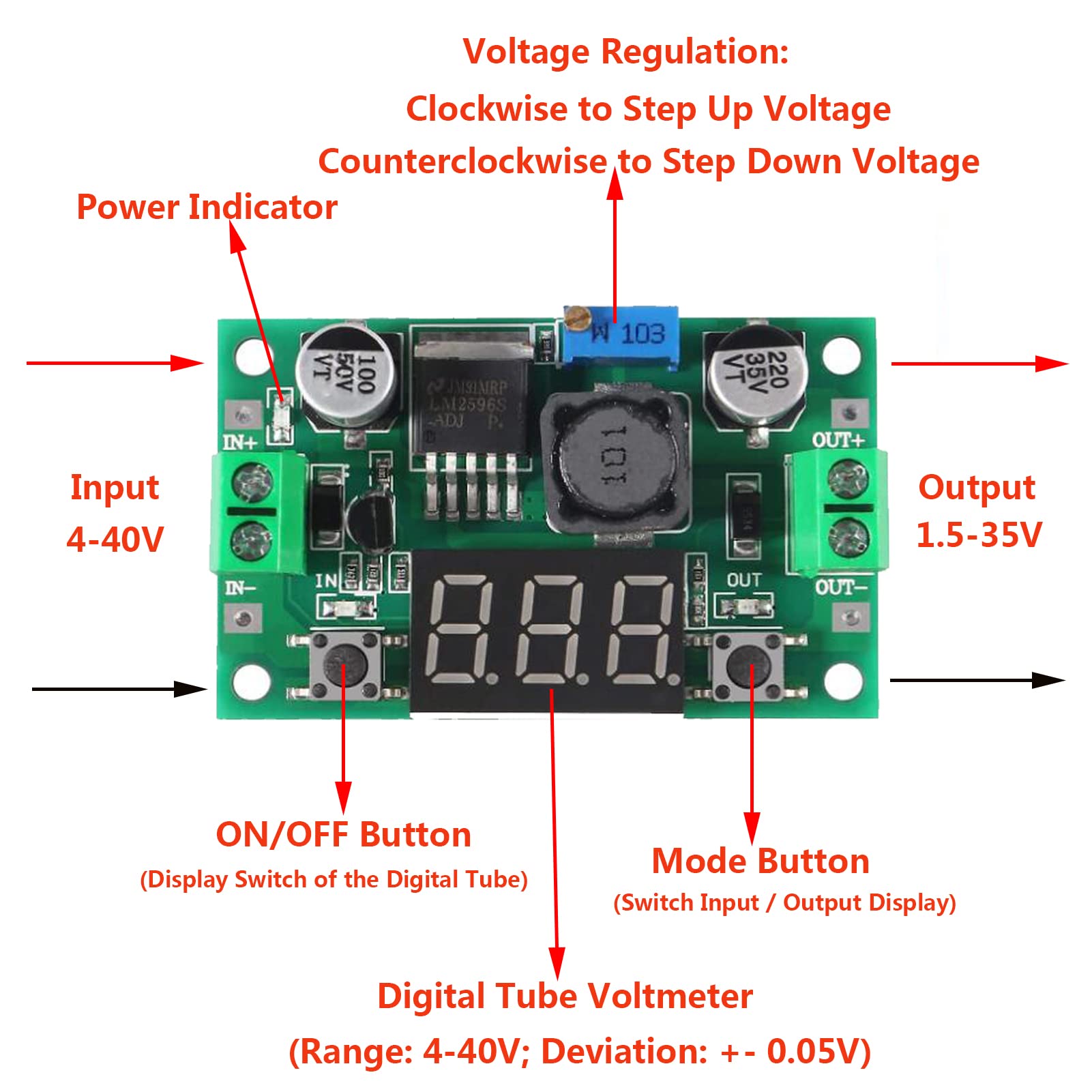 DIANN 2pcs LM2596 Adjustable DC-DC Step Down Buck Power Convert Module with LED Voltmeter Display 4.0-40V to 1.5-35V