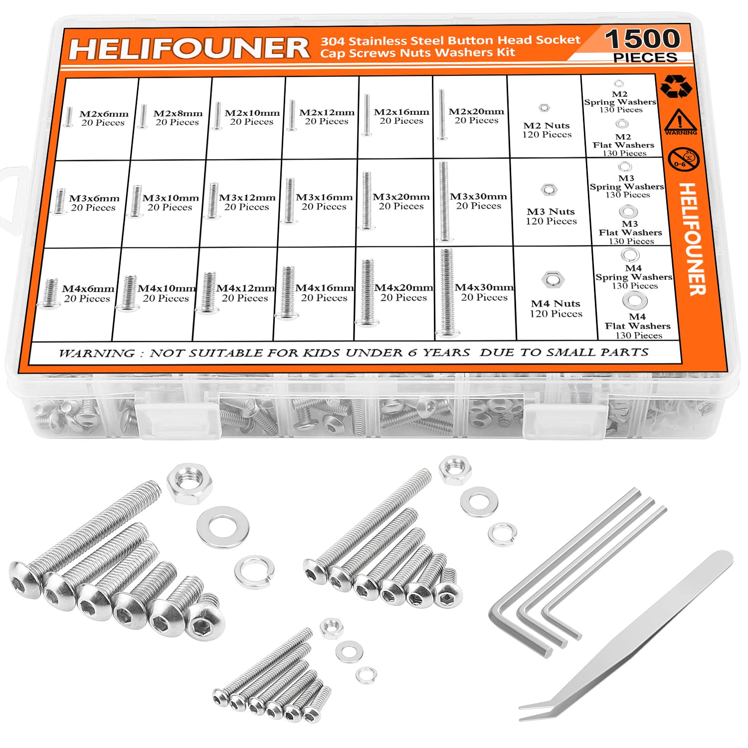 HELIFOUNER 1500 Pieces M2 M3 M4, 304 Stainless Steel Button Head Socket Cap Metric Screws Bolts Washers Nuts Hardware Assortment Kit with Hex Wrenches