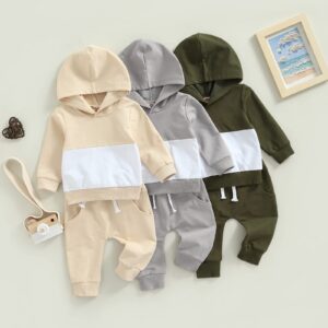 Karesoull Toddler Boy Clothes Patchwork Sweatshirts Long Sleeve Tops Solid Pants Outfit Fall Winter Baby Boy Hooded Clothe Set