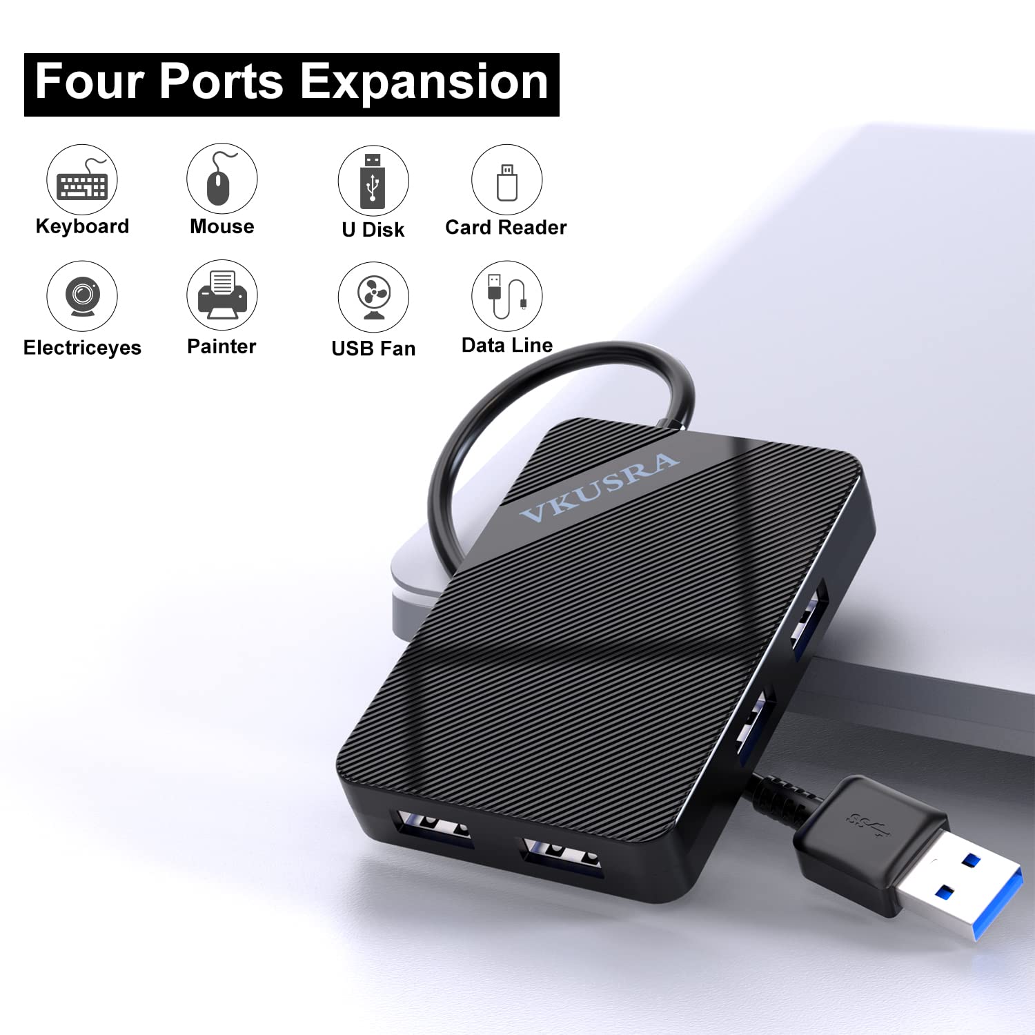 USB Hub 3.0, VKUSRA 4-Port USB Splitter Ultra-Slim USB 3.0 Hub, Mini USB Hub for Laptop, PC, Compatible with Windows, MacBook Air, Surface Pro, XPS, USB Flash Drives(0.5FT/0.15M)