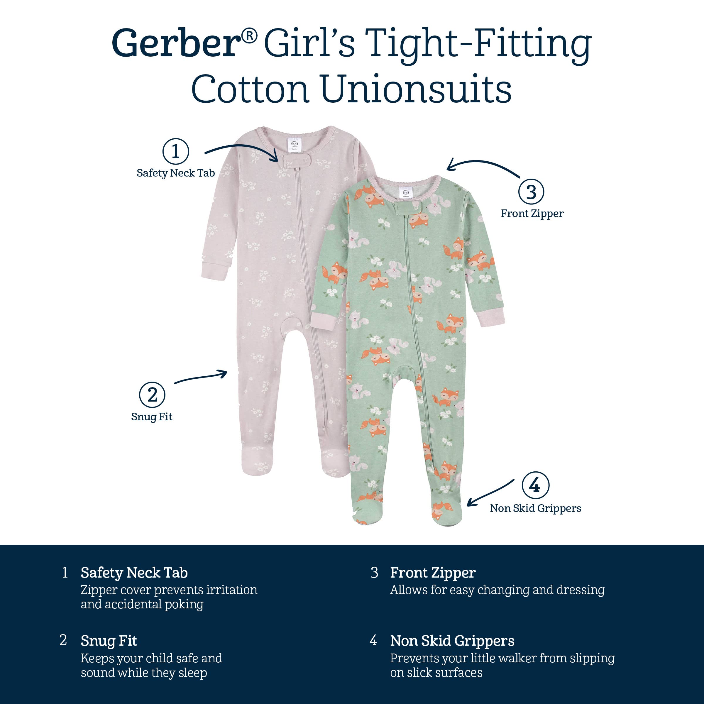 Gerber Baby Girl's 4-Pack Footed Pajamas, Roses and Fox, 12 Months