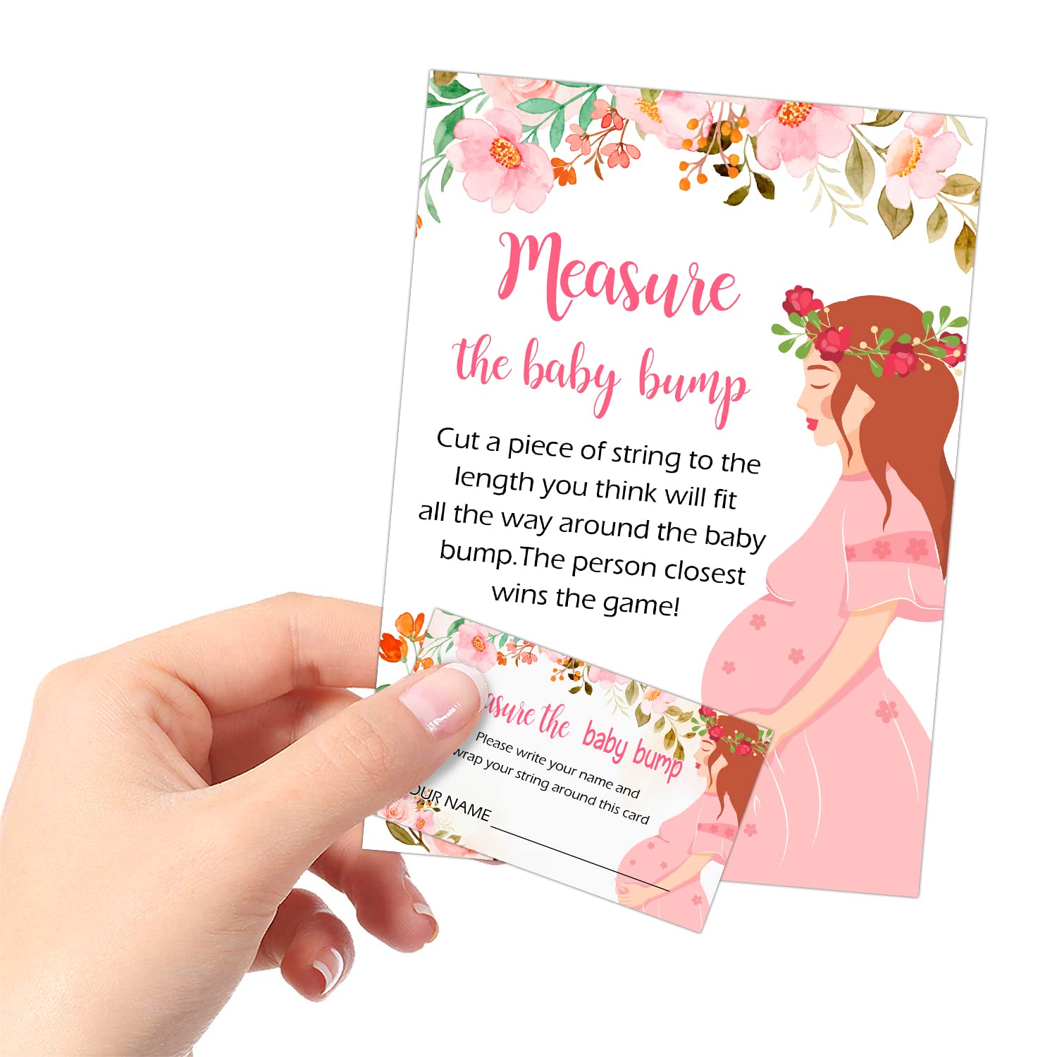 Measure Mommy's Belly Sign, Blush Pink Floral Baby Shower Sign, Measure the Baby Bump How Big is Mommy's Belly, Guessing Game for Gender Reveal Party- Game Set(1 Standing Sign + 50 Guessing Cards)