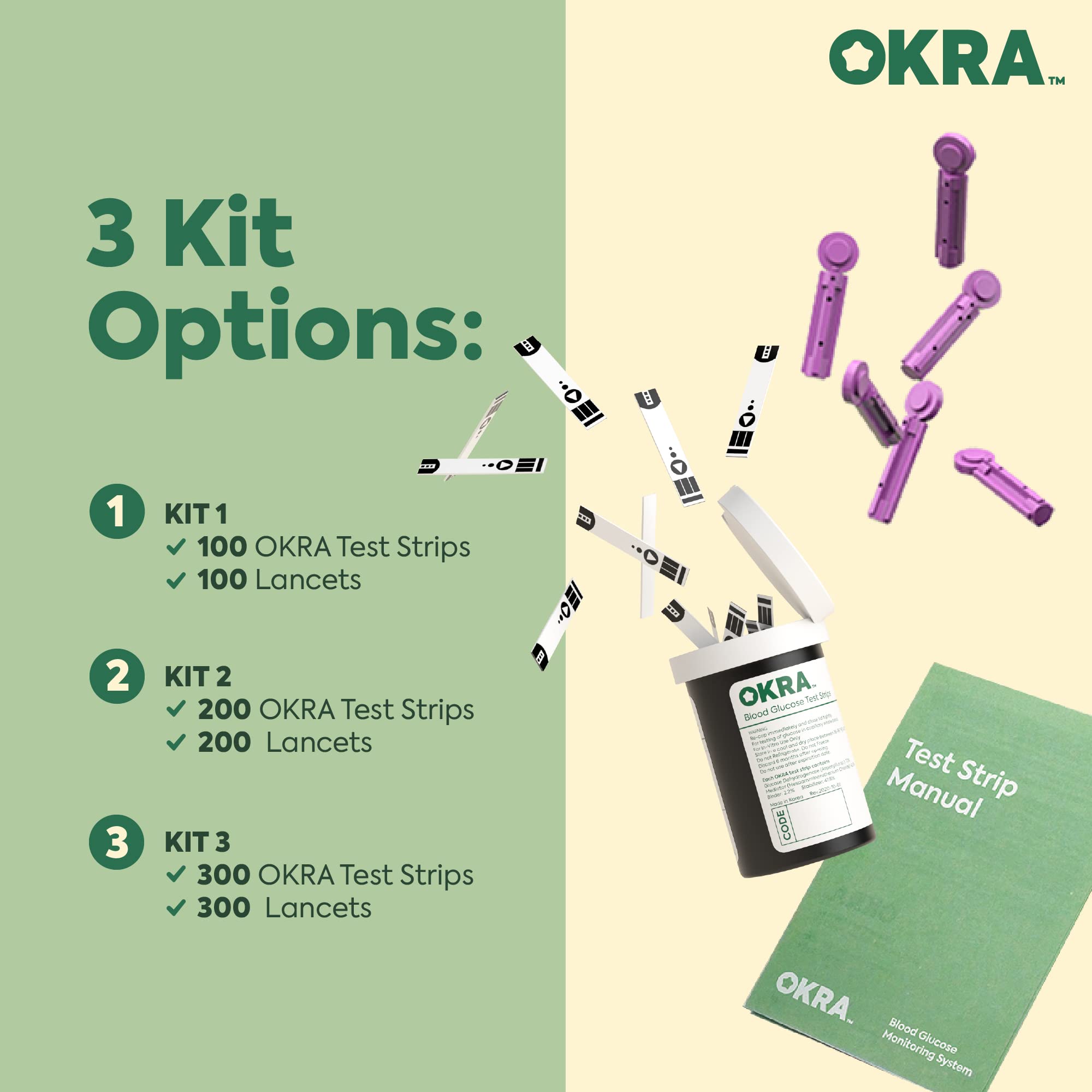 OKRA Pro Test Strips and Lancets for 100 tests Refill Kit