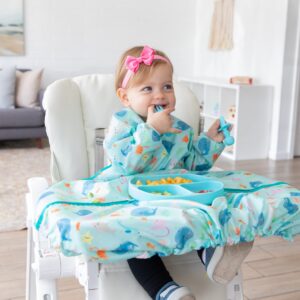 Bumkins Baby Bib and High Chair Cover Combination, for 6-24 Mos, Girl or Boy Toddler, Long Sleeved for Babies, Baby Led Weaning Essentuals for Eating, Feeding Babies, Mess Saving, Ocean Life Blue