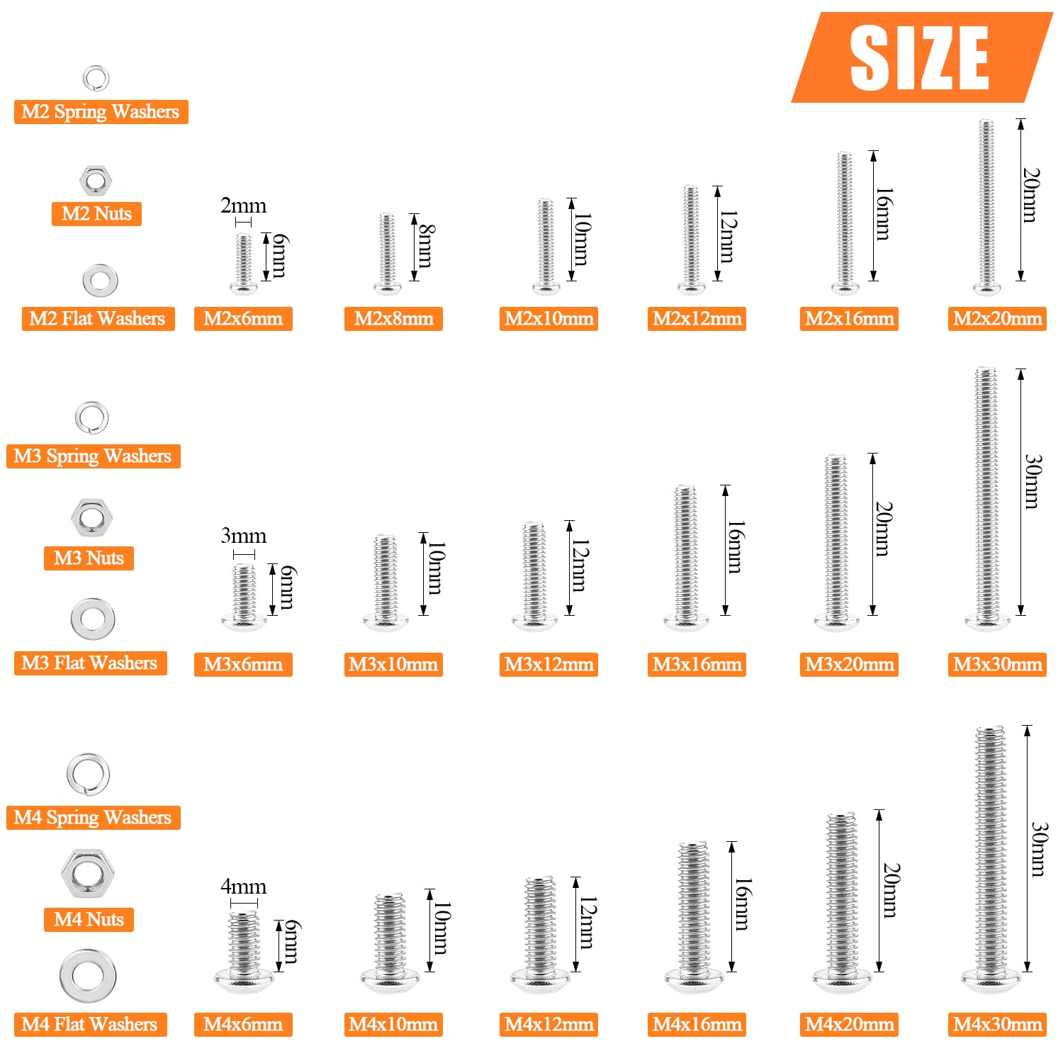 HELIFOUNER 1500 Pieces M2 M3 M4, 304 Stainless Steel Button Head Socket Cap Metric Screws Bolts Washers Nuts Hardware Assortment Kit with Hex Wrenches