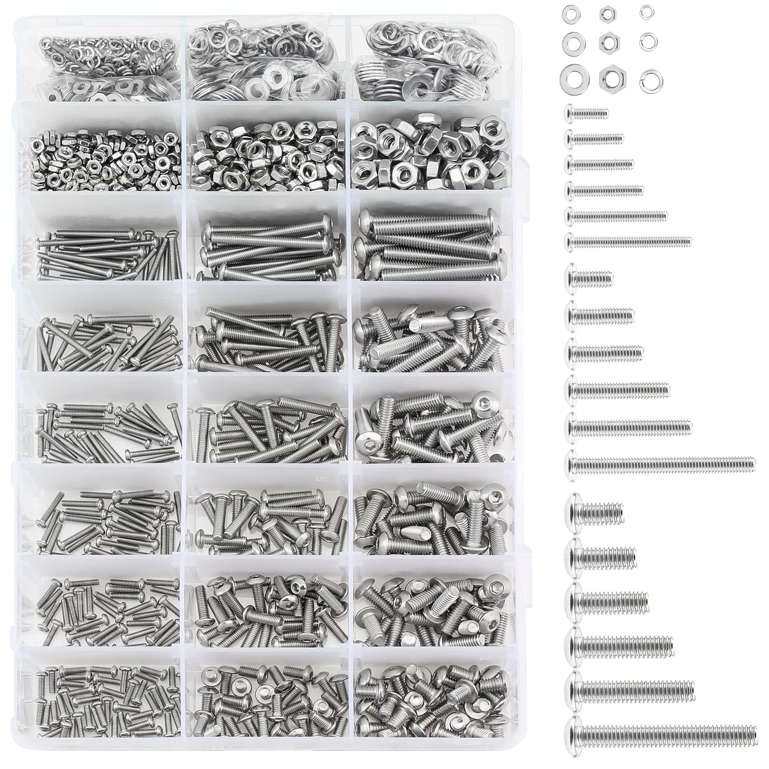 HELIFOUNER 1500 Pieces M2 M3 M4, 304 Stainless Steel Button Head Socket Cap Metric Screws Bolts Washers Nuts Hardware Assortment Kit with Hex Wrenches