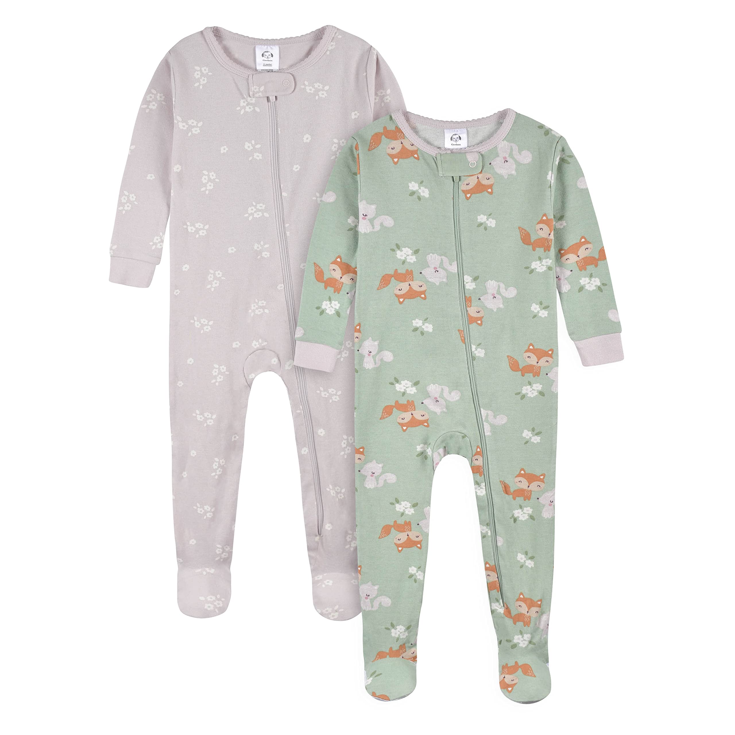 Gerber Baby Girl's 4-Pack Footed Pajamas, Roses and Fox, 12 Months