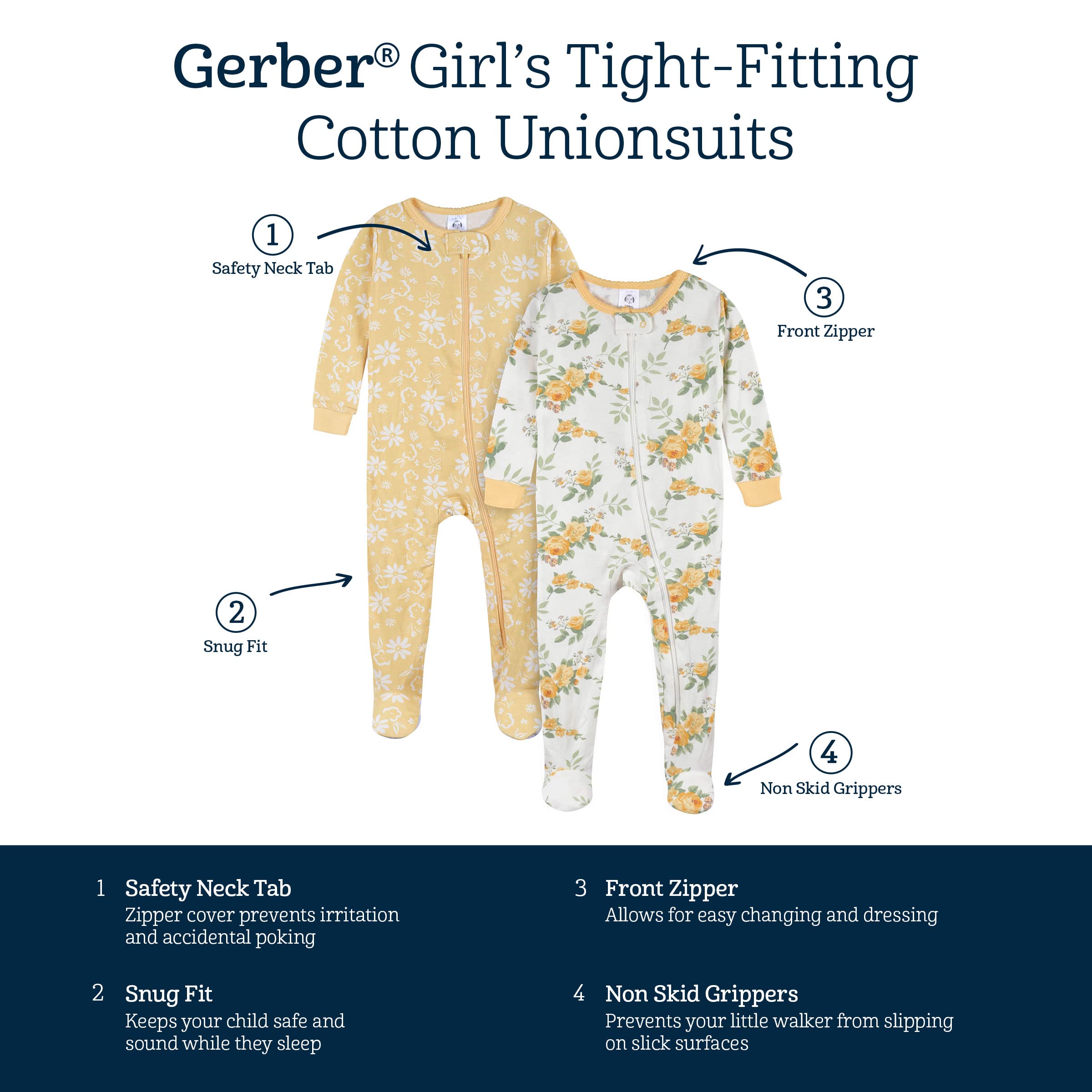 Gerber Baby Girl's 4-Pack Footed Pajamas, Roses and Fox, 12 Months