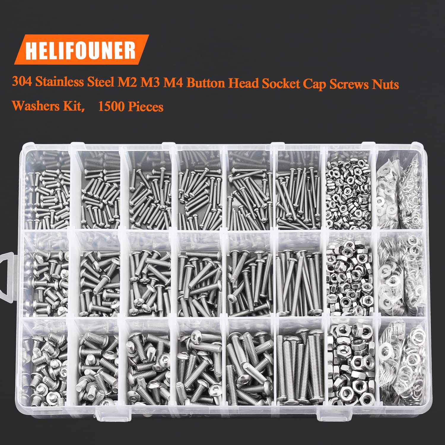 HELIFOUNER 1500 Pieces M2 M3 M4, 304 Stainless Steel Button Head Socket Cap Metric Screws Bolts Washers Nuts Hardware Assortment Kit with Hex Wrenches