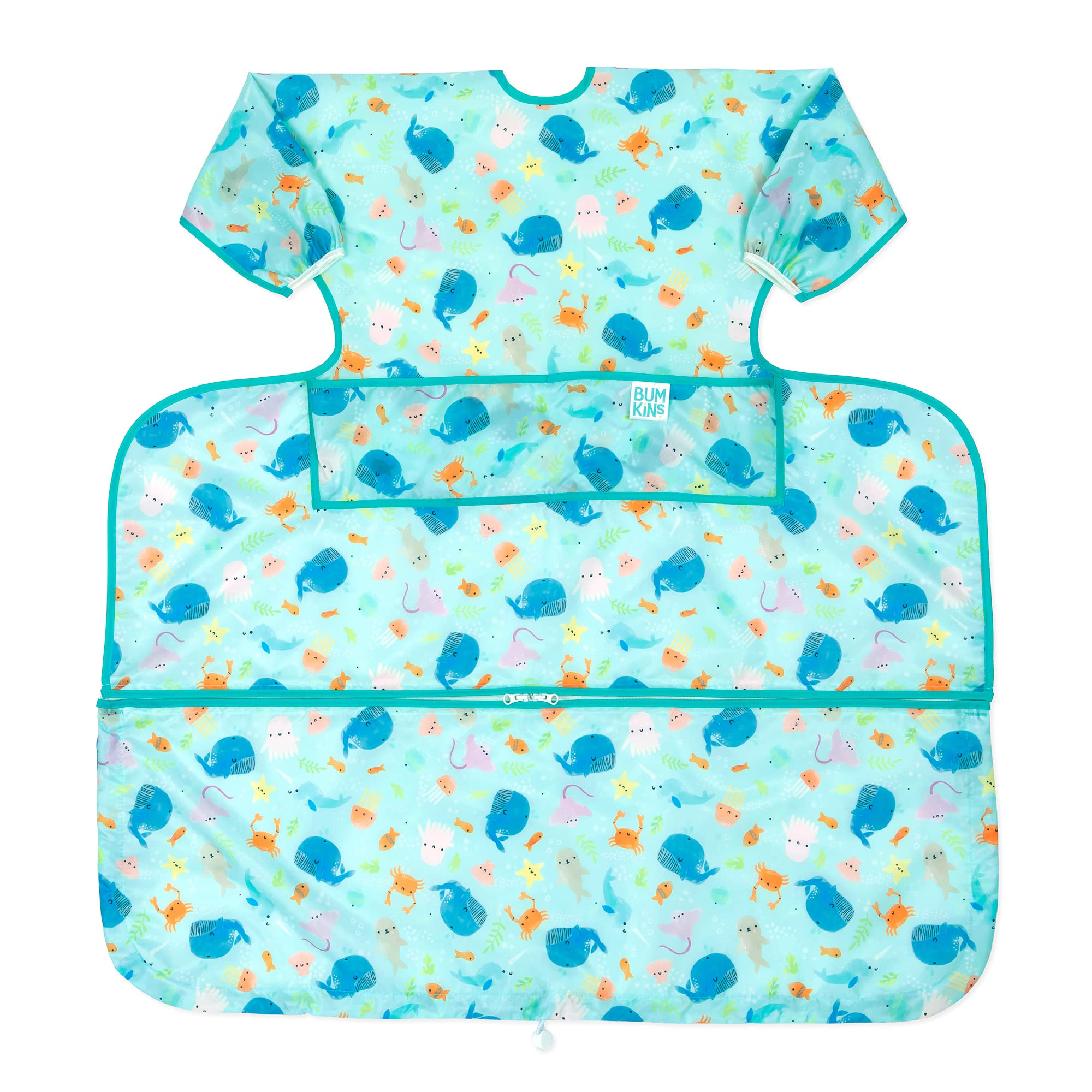 Bumkins Baby Bib and High Chair Cover Combination, for 6-24 Mos, Girl or Boy Toddler, Long Sleeved for Babies, Baby Led Weaning Essentuals for Eating, Feeding Babies, Mess Saving, Ocean Life Blue