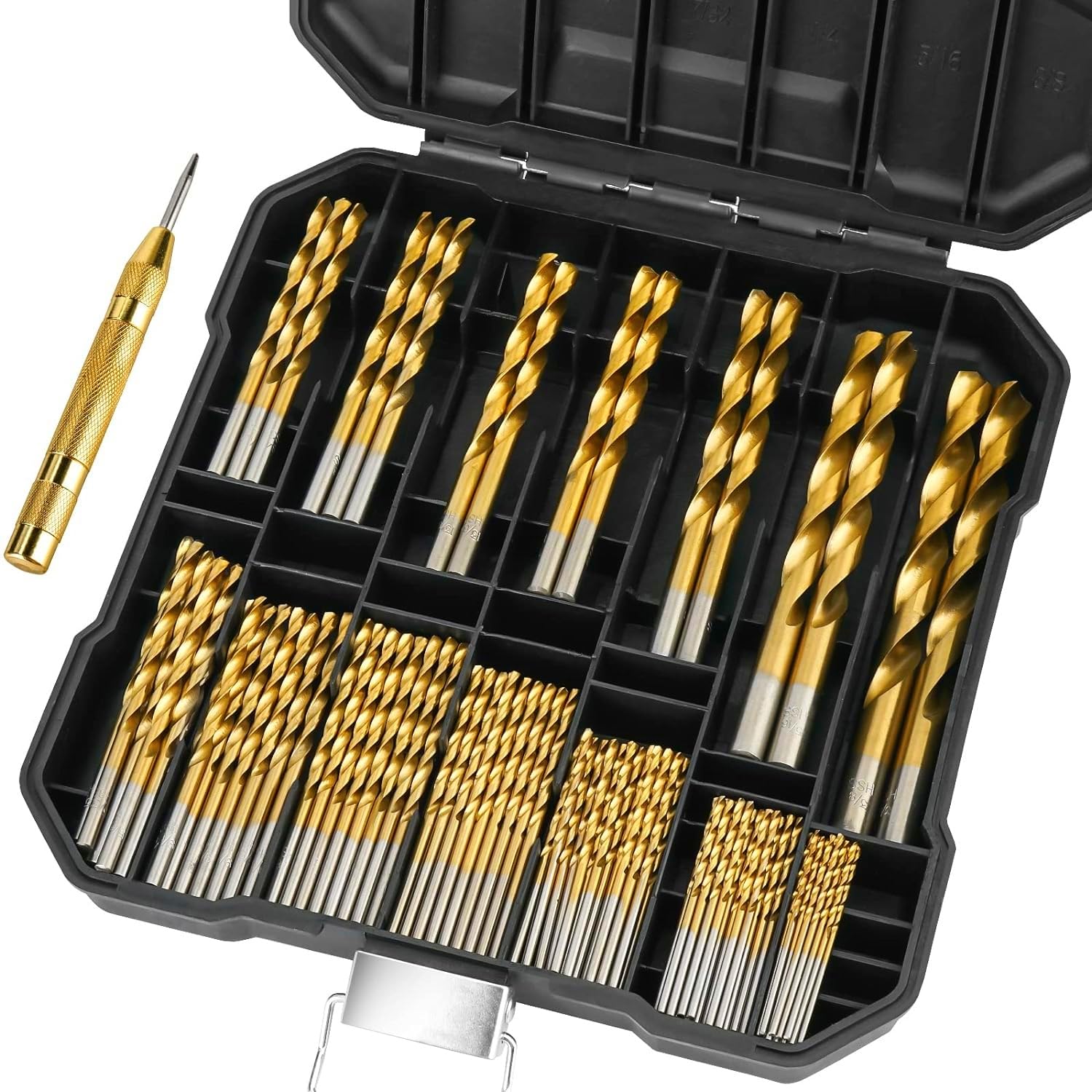 99Pcs Titanium Drill Bit Set with Plastic Indexed Storage Case,135 Degree Tip High Speed Steel Twist Drill Kit,Sizes from 1/16" to 3/8" for Drilling Aluminum,Copper,Plastic,Wood,and Soft Metal