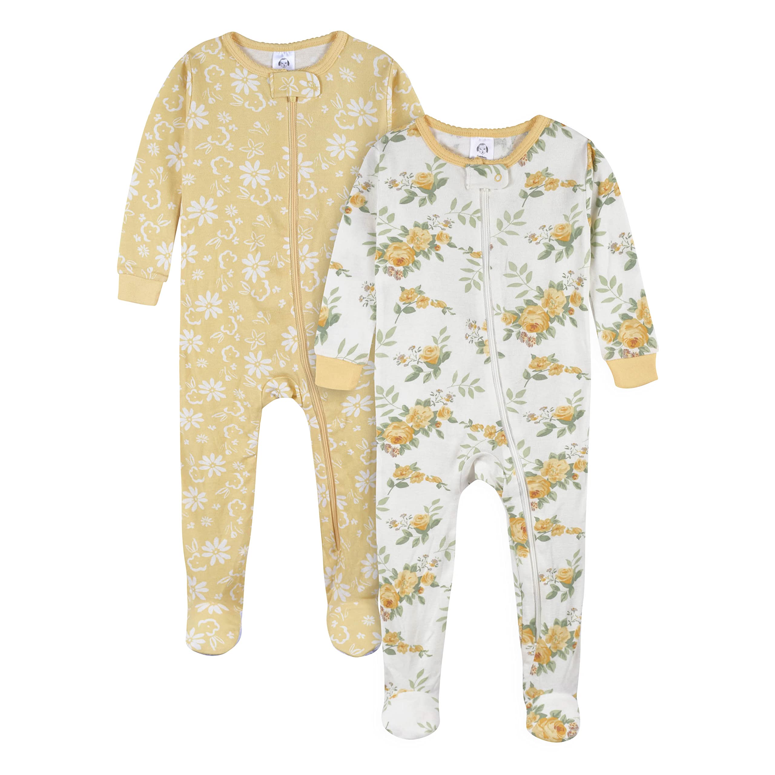 Gerber Baby Girl's 4-Pack Footed Pajamas, Roses and Fox, 12 Months