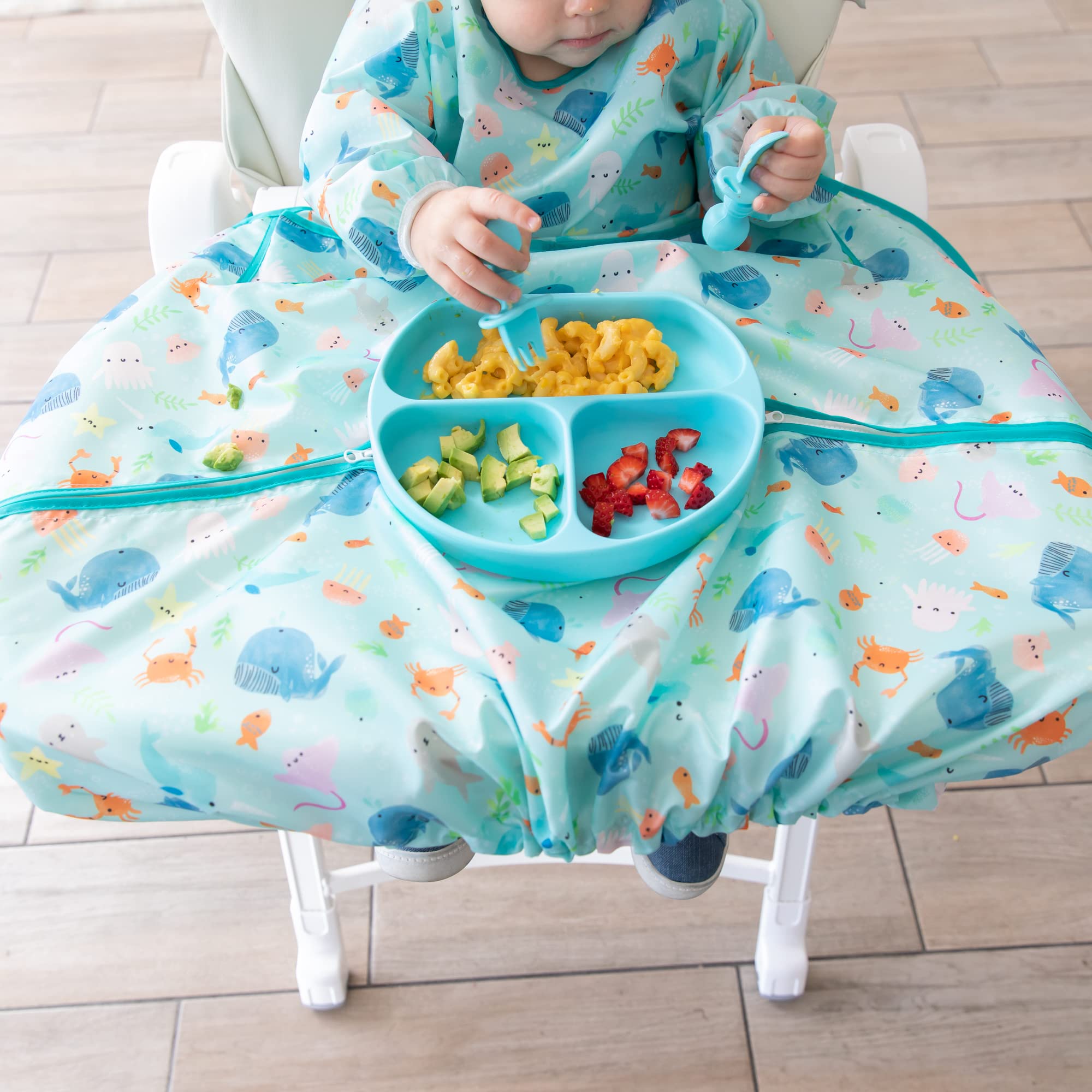 Bumkins Baby Bib and High Chair Cover Combination, for 6-24 Mos, Girl or Boy Toddler, Long Sleeved for Babies, Baby Led Weaning Essentuals for Eating, Feeding Babies, Mess Saving, Ocean Life Blue