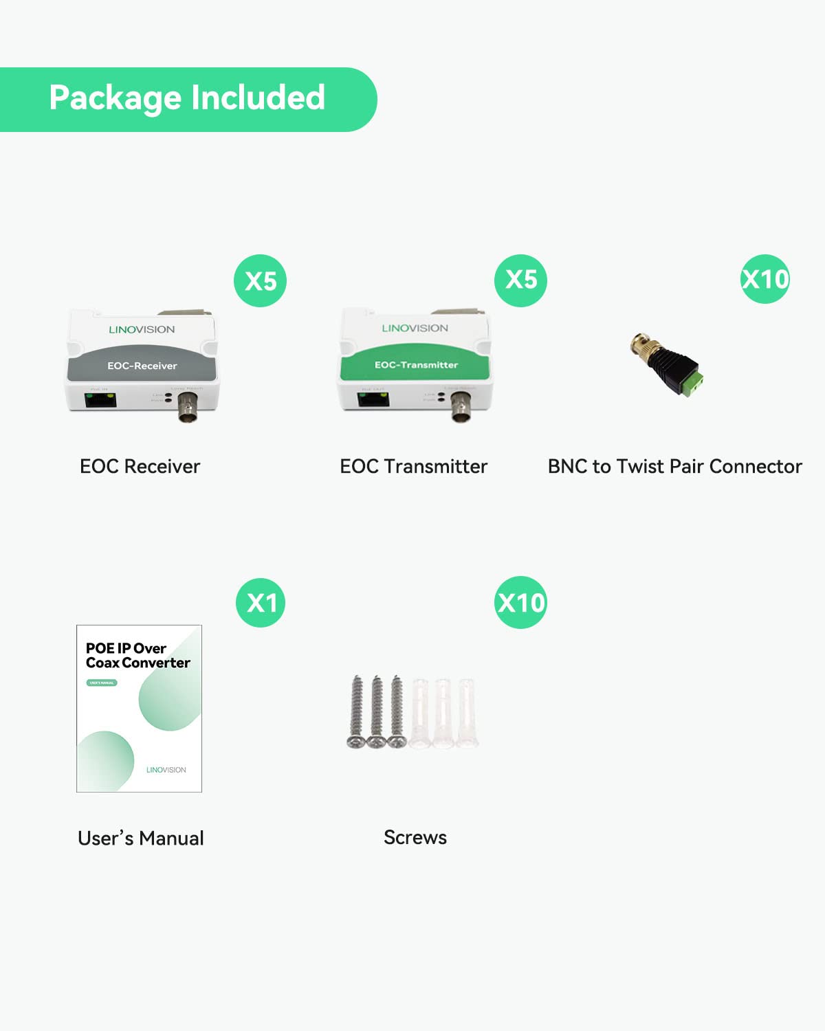 LINOVISION POE Over Coax EOC Converter IP Over Coax Max 3000ft Power and Data Transmission Over Regular RG59 Coaxial Cable for Upgrading Analog Surveillance System to IP Surveillance System (5 Pack)